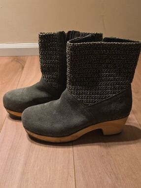 The Sak Olive Suede Knit Clog Booties with Wooden Heel